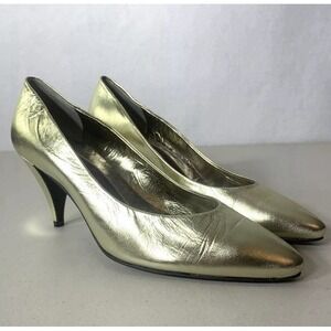 Vintage Handmade Italy Heels 8 Susan Bennis Warren Edwards Gold Leather Pumps